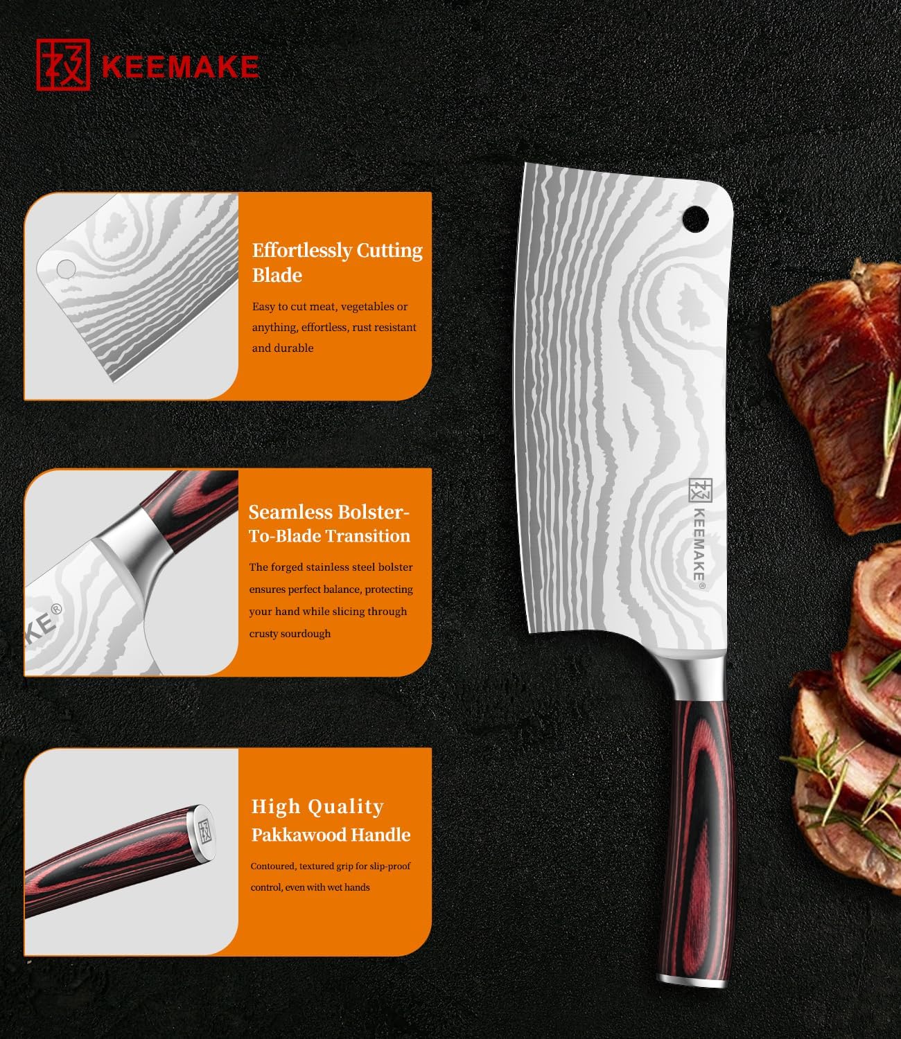 KEEMAKE Meat Cleaver Knife 7-Inch Razor Sharp High Carbon Steel Kitchen Knife, Butcher Knife Perfect for Chopping Meat & Veggies, Pakkawood Handle Ideal for Home & Professional Chefs, W/Sheath