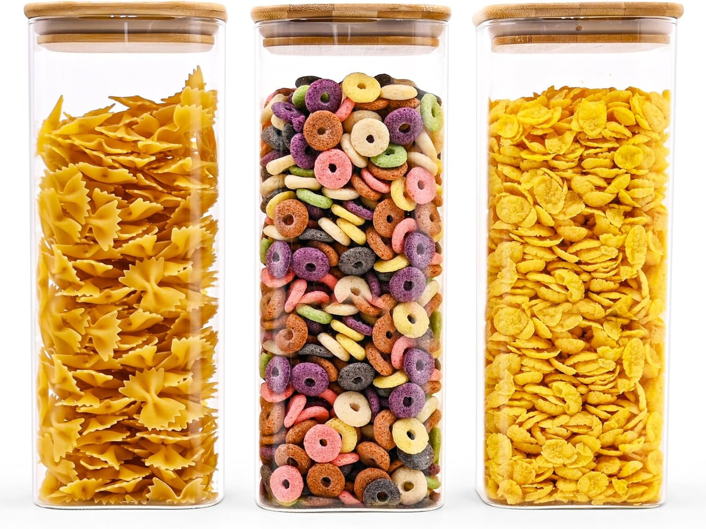 Glass Food Storage Jars Square 61oz, 3 Pack Glass Jars With Bamboo Lids, Kitchen Storage Containers For Spice, Candy, Cookie, Storage For Pantry Organizers