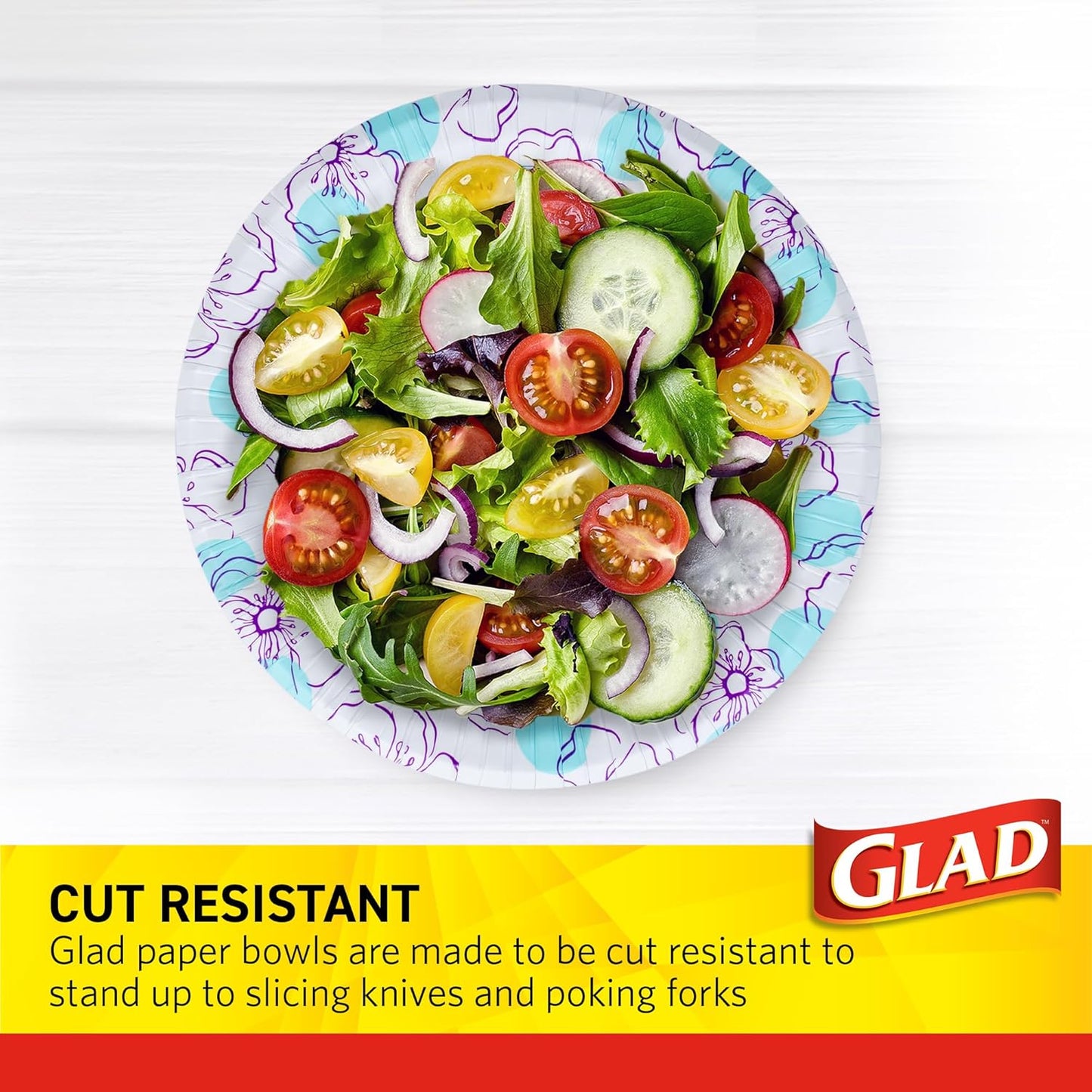 Glad Round Disposable Paper Bowls, Blue Flower Design - Heavy Duty, Soak Proof, Cut-Resistant, Microwavable Bowl for All Foods & Daily Use, 16 Oz, 50 Count