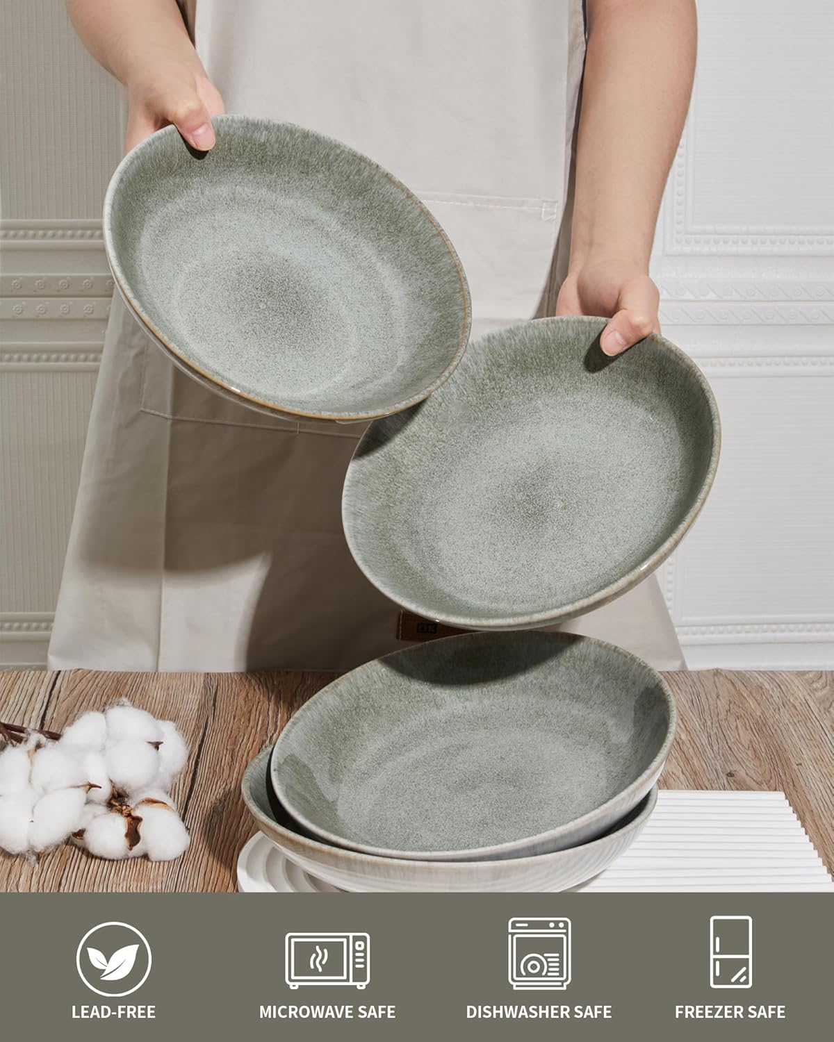 Pasta Bowls of 4, 32 Oz Salad Bowls Soup Bowls, Large Pasta Serving Bowl Porcelain Pasta Plates, Wide and Deep Bowls Set Microwave & Dishwasher Safe-Gradient Green