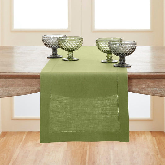 Solino Home Linen Moss Green Table Runner 90 Inches Long - 100% Pure Linen Hemstitch 14 x 90 Inch Table Runner for Dining, Fall, Autumn, Thanksgiving - Classic Hemstitch