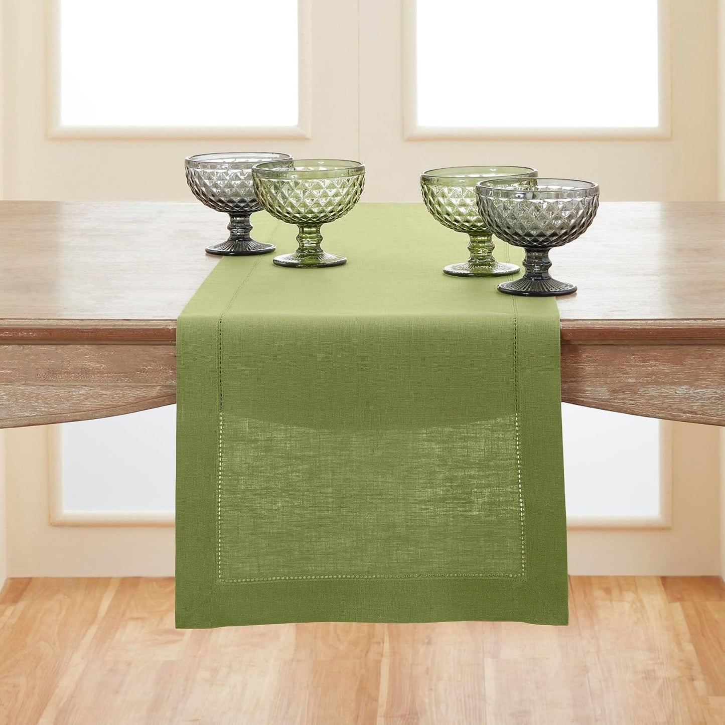 Solino Home Linen Table Runner 108 Inches Long - 100% Pure Linen Moss Green Table Runner 14 x 108 Inch for Fall, Autumn, Thanksgiving - Classic Hemstitch