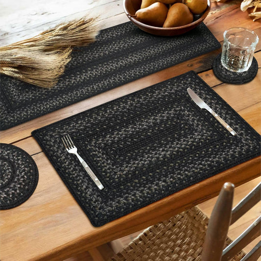 Homespice Jet Black Jute Braided Short Table Runner, Warm Primitive Decor, Set of 2, Rectangle 8x28 - Rich Colors, Easy to Clean, Durable and Protects Furniture