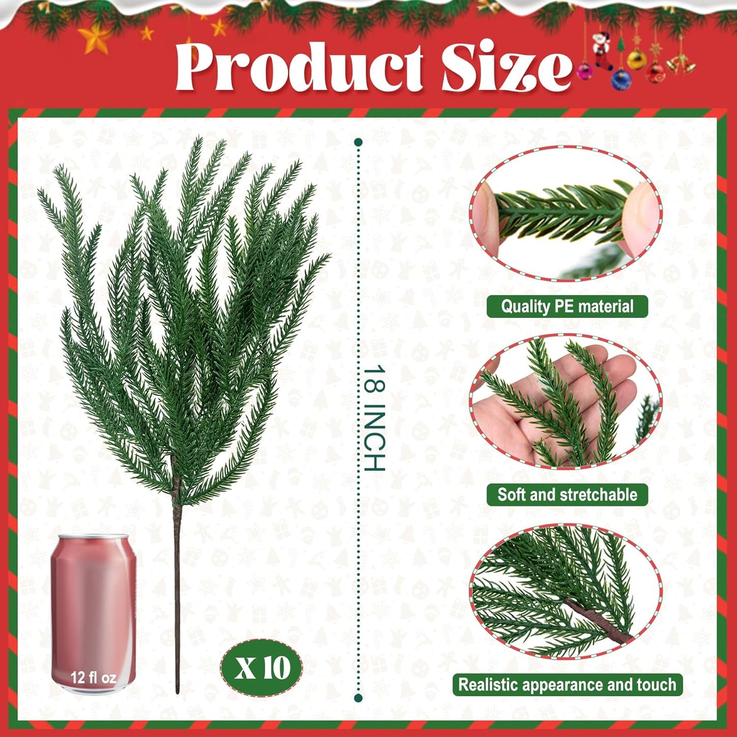 Artificial Norfolk Pine Stems for Christmas Decorations, 10 Pcs 18 inch Fake Pine Branches for Vases Garland Real Touch Faux Greenery Evergreen Plants for Xmas Home Decor Indoor Winter