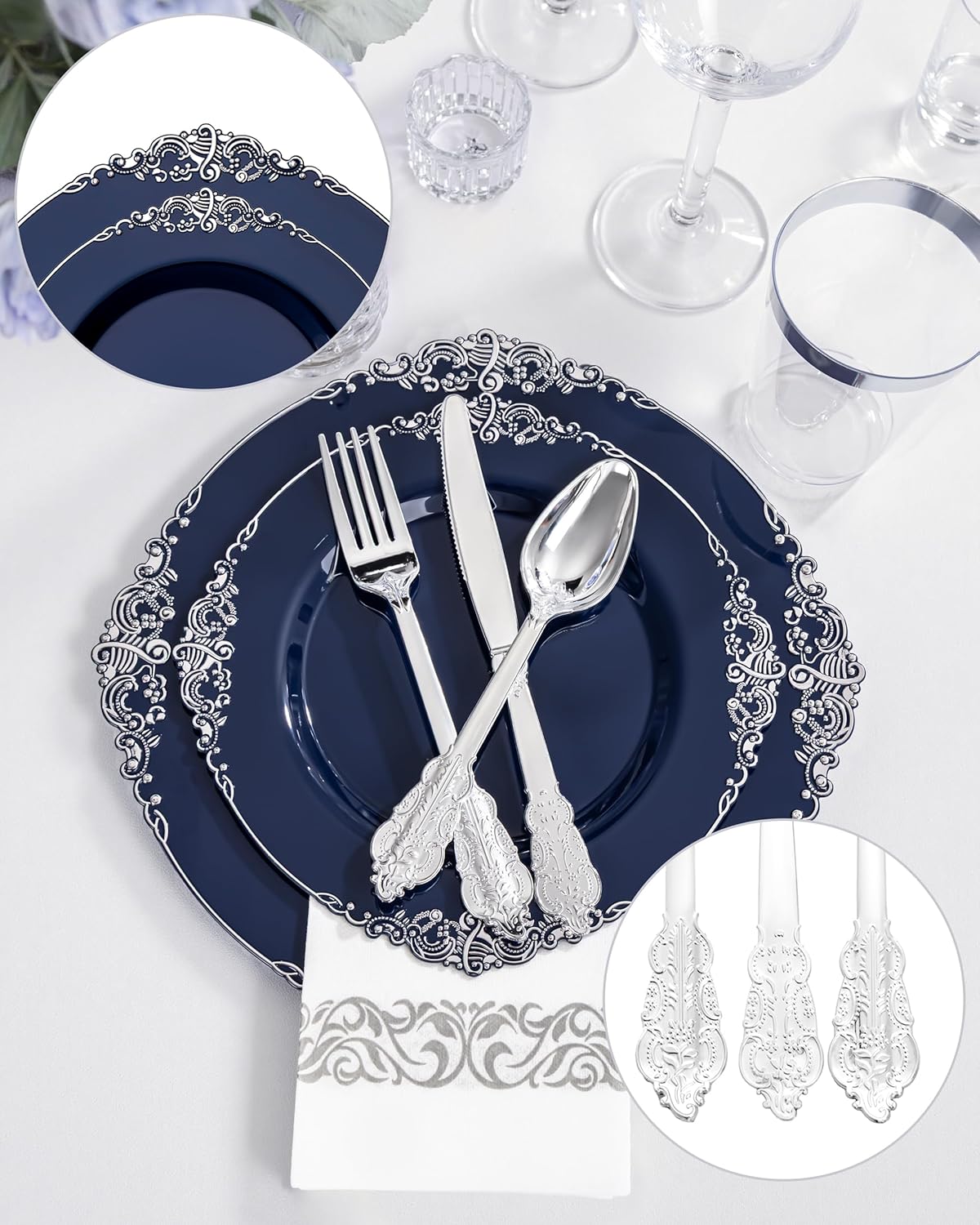 Hioasis 175pcs Blue and Silver Plastic Plates - Elegant Disposable Dinnerware Set Suitable for 25 Guests Include 10.25" Dinner & 7.5" Dessert Plates, Cutlery, Napkins, Cups for Party & Wedding