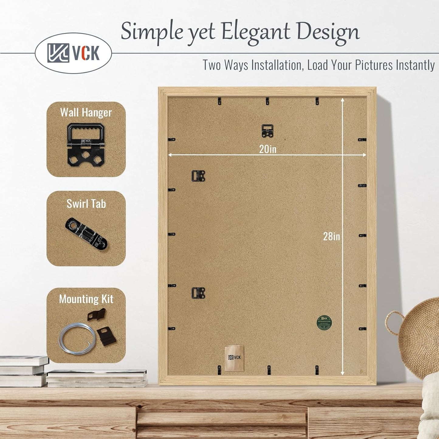 VCK 20x28 Picture Frame Set of 5 - Oak, Natural Solid Wood Poster Frames, Wall Mounting Hanging