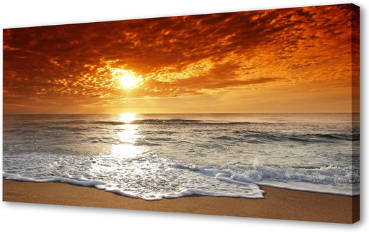 Muolunna S04698 Canvas Prints Wall Art Sunset Ocean Beach Pictures Paintings for Living Room Bedroom Home Decorations Framed Ready to Hang Seascape Waves Artwork