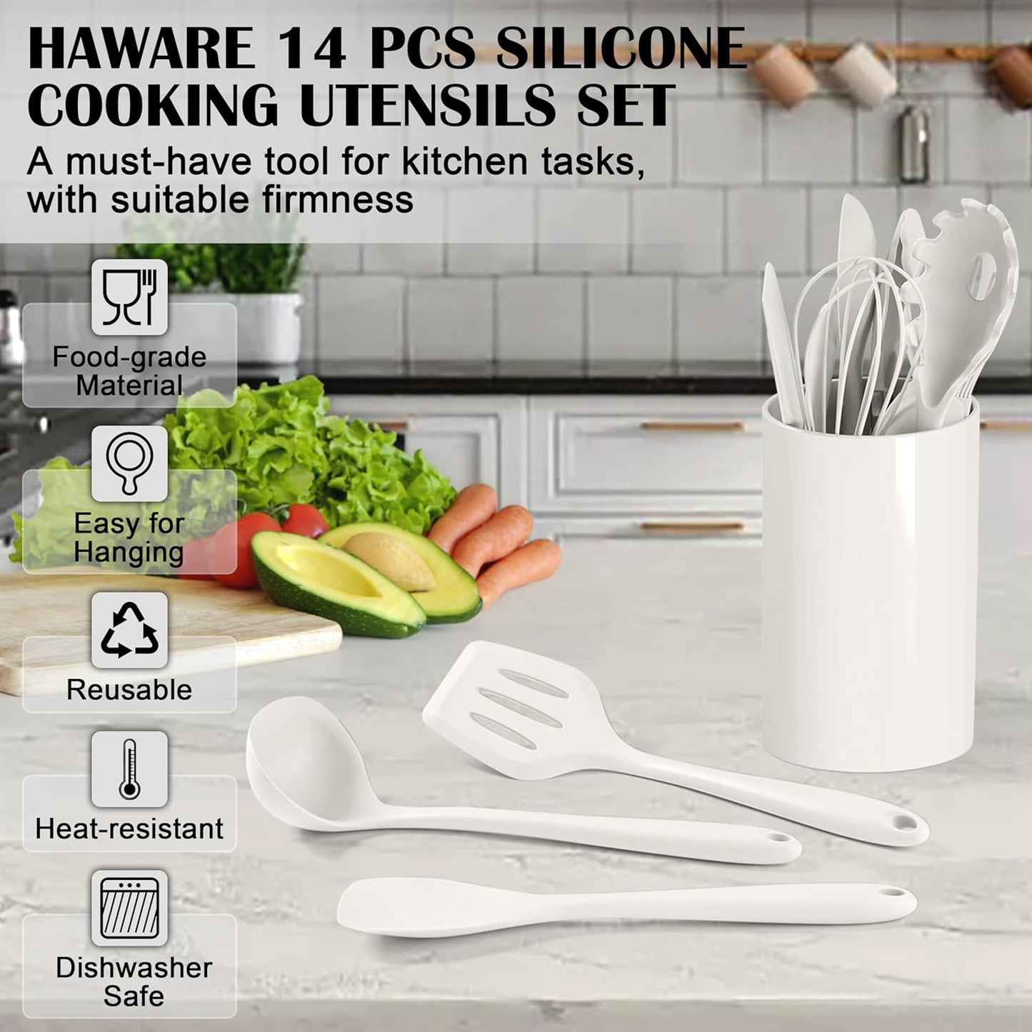 HaWare Kitchen Utensils, 14 PCS Silicone Cooking Utensils Set, Heat Resistant Kitchen Utensils for Non-stick Cookware, Kitchen Gadgets Tools with Spoons, Spatulas, Whisk, Dishwasher Safe (White)