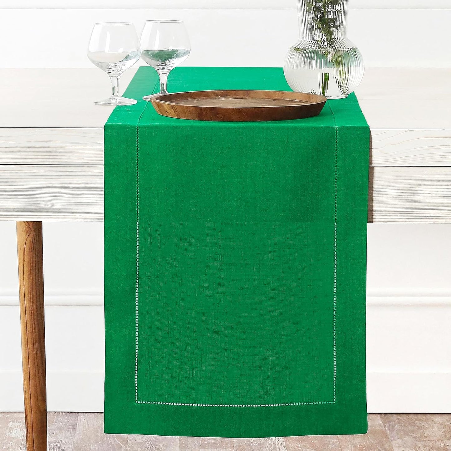 D'Moksha Homes Linen Kelly Green Table Runner 48 Inches - Classic Hemstitch, 100% Pure Linen Coffee Table Runner 14 x 48 Inch Ideal for Dresser Tables - Fall, Autumn and Halloween