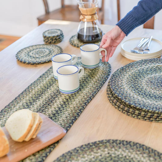 Homespice Pinecone Braided Oval Table Runner,Country Rustic Decor, Green 11x36 - Jute Dining Table Accessories - Rich Colors, Easy to Clean, Durable and Protects Furniture