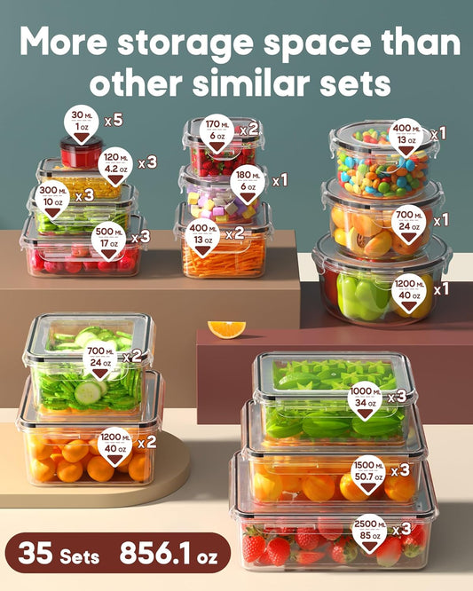70 PCS Food Storage Containers with Lids Airtight, (35 Lids & 35 Containers) Leak proof Containers Set for Kitchen, Meal Prep, BPA-Free, PVC-Free Plastic, Microwave/Dishwasher Safe, Extra Labels & Pen