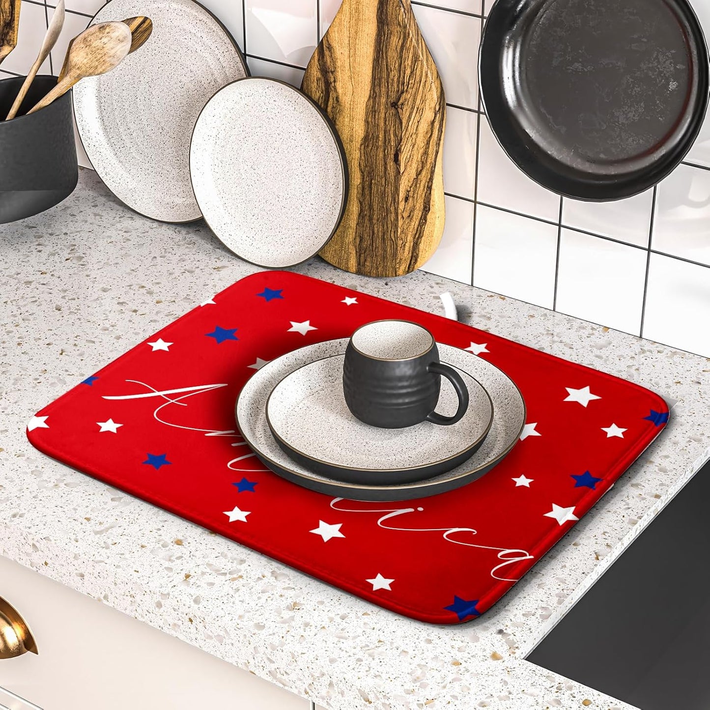 4th of July Dish Drying Mats for Kitchen Counter 16×18 Inch Patriotic Red Small Microfiber Drying Mat Kitchen Accessories Dish Rack Mat Drainer Pad Washable Absorbent