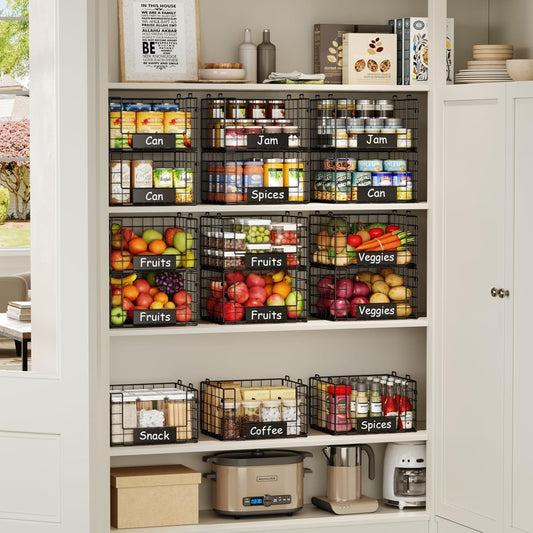 JKsmart 3 Pack Stackable Wire Baskets with NamePlates for Pantry Organizers and Storage, XL Fruit and Vegetable Basket, Metal Storage Bins for Snack Can Fruit Veggies, XL