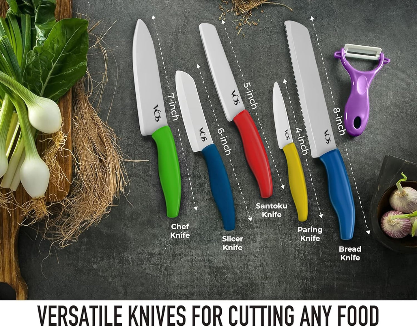 Vos Ceramic Knife with Peeler, Ceramic Knives Set For Kitchen, Ultra Sharp Kitchen Knife Set with Covers, 4"5"6"7"8" Paring, Chef Knife, Santoku & 2 more, Lightweight, Dishwasher safe (Multi-Color)