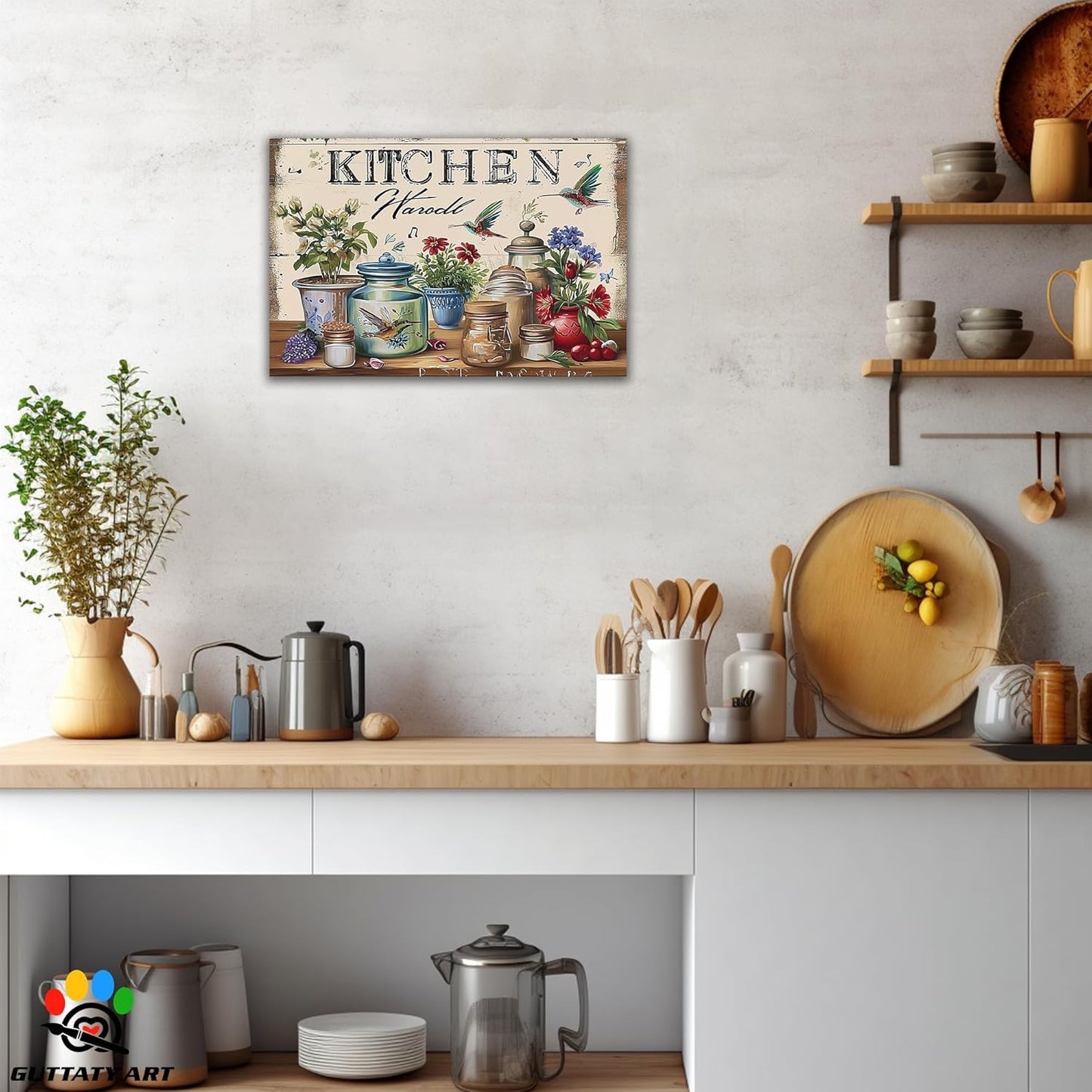 GUTTATY Farmhouse Wall Art Rustic Kitchen Decor, Ready to Hang Kitchen Canvas Print Colorful Flowers And Bird,Vintage Posters Prints for Dinning Room Home Kitchen Restaurant Painting 12×18 Inch