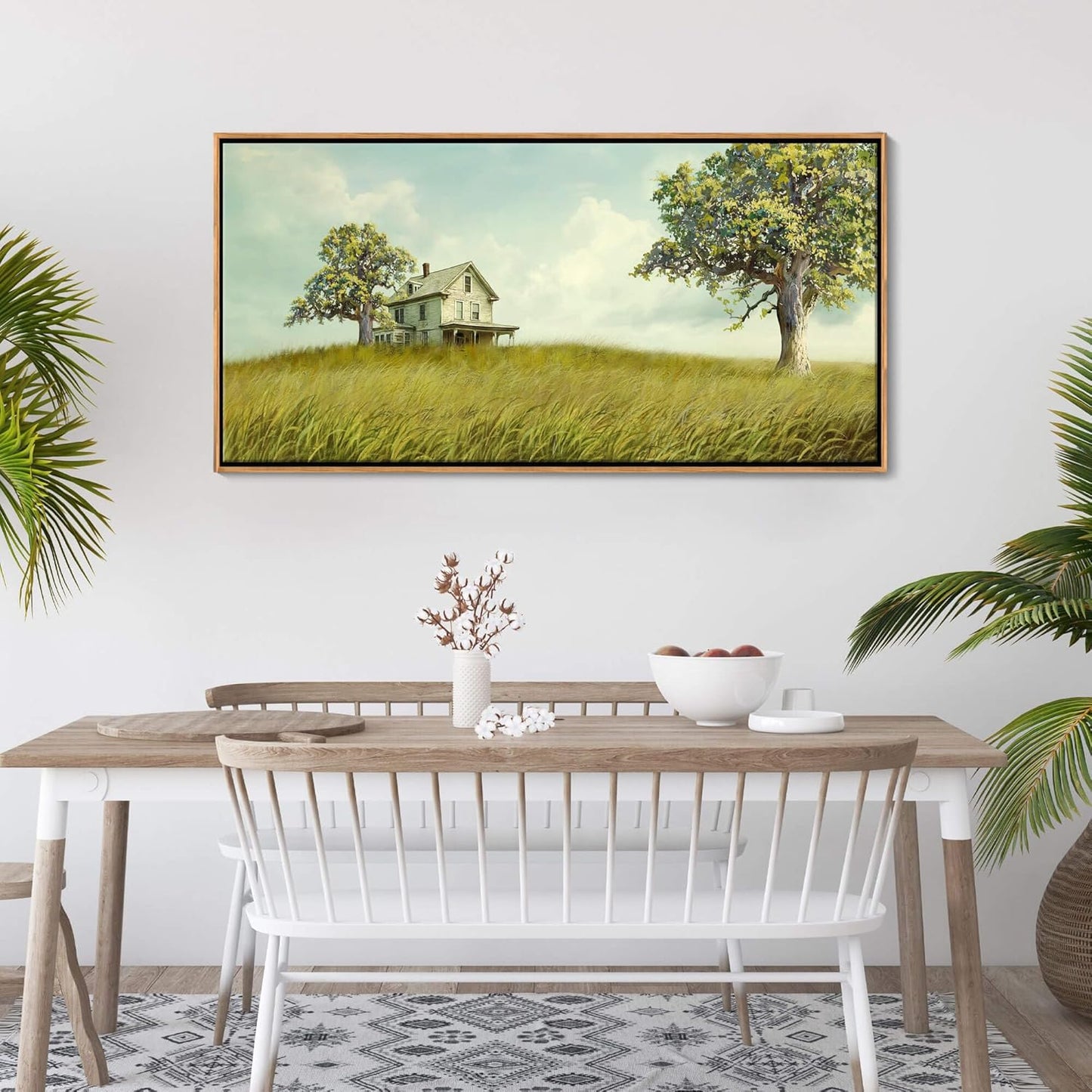 YCPRIMER Canvas Wall Art - Village Landscape Decor Retro Farmhouse Picture Yellow Tree Painting Framed Artwork for Dinning Room,Living Room,Kitchen Decoration Size 24×48Inch