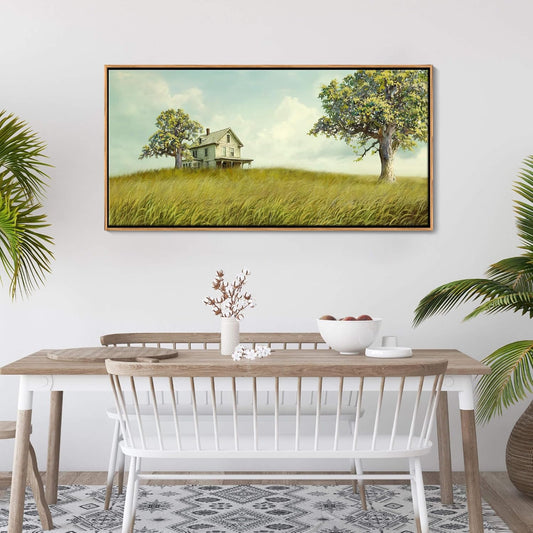 YCPRIMER Canvas Wall Art - Village Landscape Decor Retro Farmhouse Picture Yellow Tree Painting Framed Artwork for Dinning Room,Living Room,Kitchen Decoration Size 24×48Inch