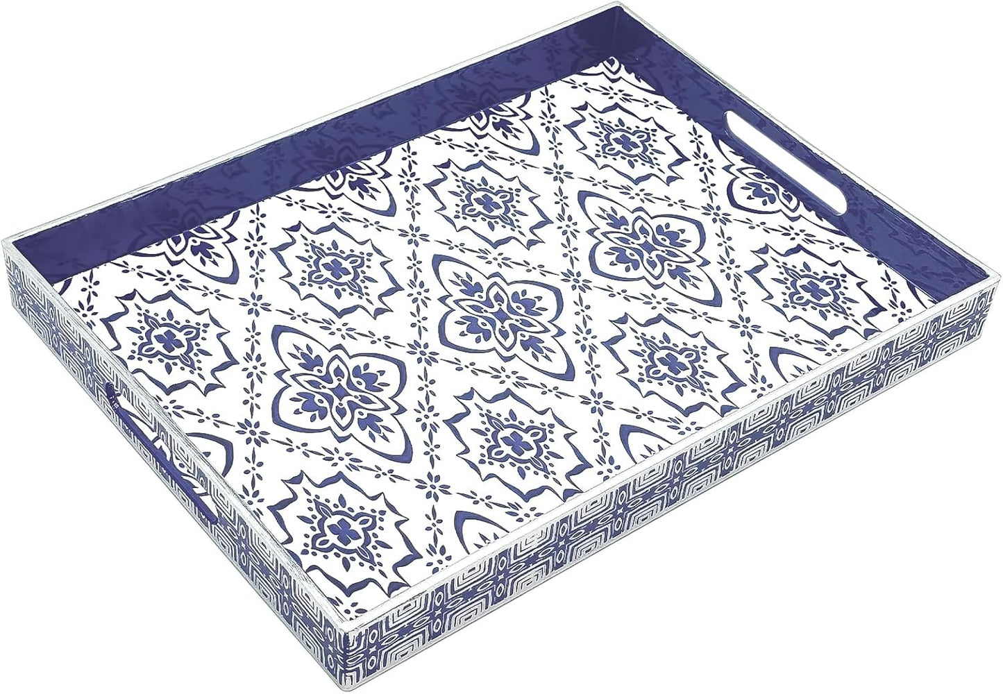 Serving Tray with Handles, 15.7 * 11.8 inches, Plastic Ottoman Tray with Exquisite Paintings, Trays for Coffee Table