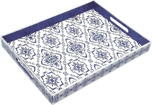 Serving Tray with Handles, 15.7 * 11.8 inches, Plastic Ottoman Tray with Exquisite Paintings, Trays for Coffee Table