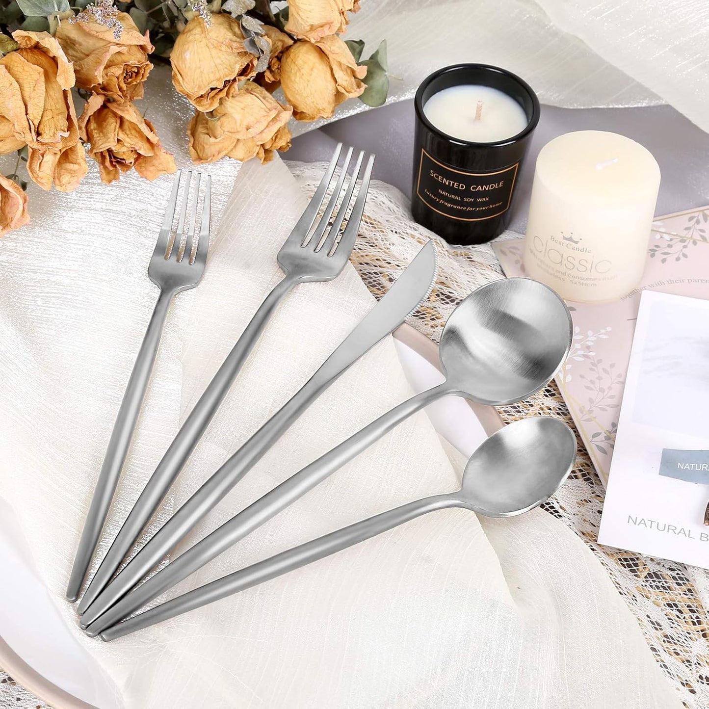 Matte Silverware Set 30 Pieces, FAMEWARE Stainless Steel Flatware Set，Service for 6，Kitchen Utensil Set, Tableware Cutlery Set, Satin Finished Polished & Dishwasher Safe