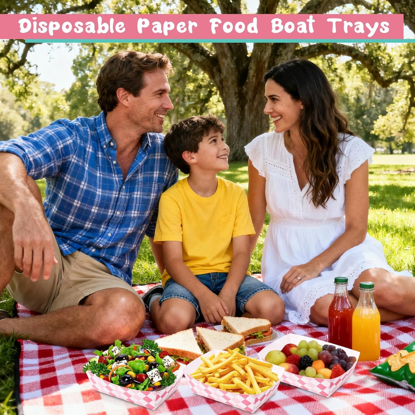 Blcculi 100 Pack Gingham Paper Food Trays,Gingham Party Supplies,Disposable Paper Food Boat,Snack Serving Trays for Nacho,Baby Shower,Birthday Party,Wedding (Pink + White)