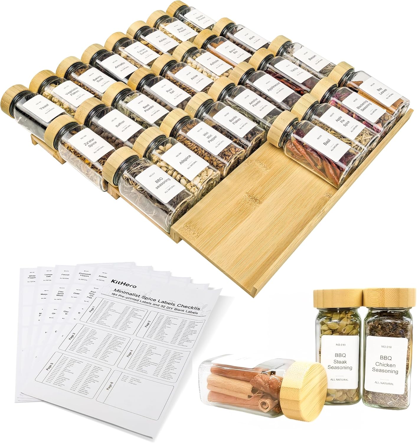 Spice Drawer Organizer with 28 Bamboo-lidded Spice Jars,216 Labels,25 Non-slip Rubber, Bamboo 4 Tier Seasoning Rack Tray Insert for Kitchen Drawers,Cabinets,Countertop,14.6" Wide x 15.8" Deep