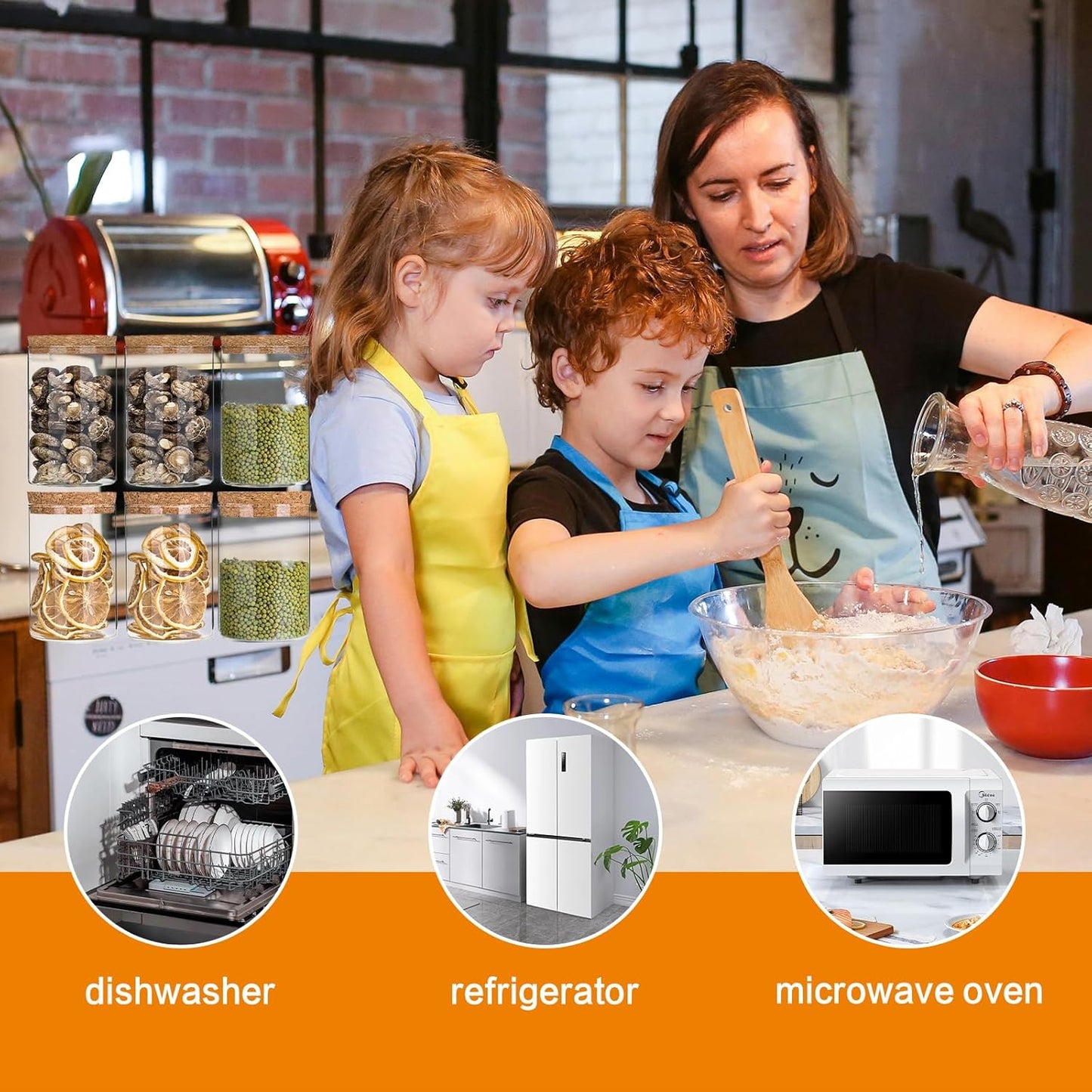 Airtight Glass Storage Containers with cork Lid, for Kitchen Pantry Organization and Storage jar，Ideal for Coffee Beans Snacks Flour Cereal Sugar Tea 16oz. (Circular 3.9 * 3.3in*2pcs)