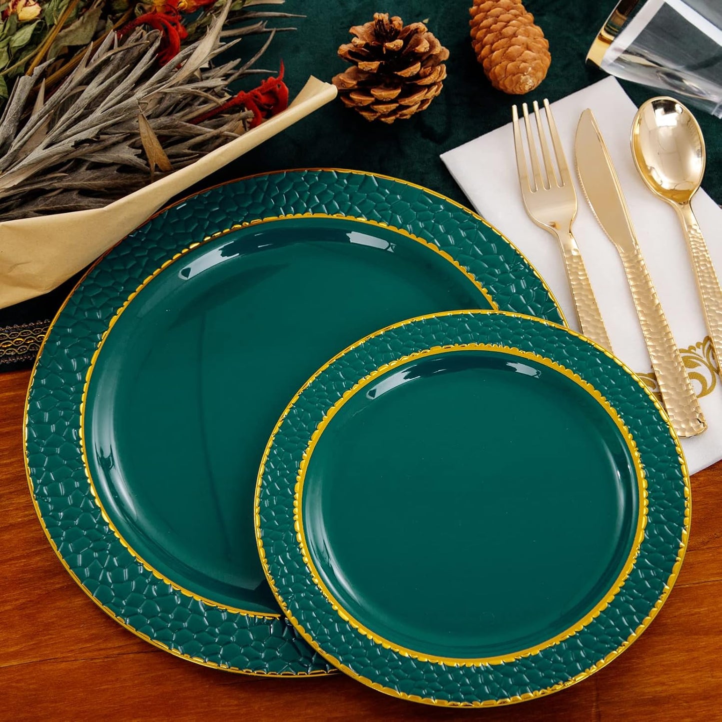 FLOWERCAT 175PCS Marrs Green Plastic Plates with Gold Rim&Christmas Plates&Green and Gold plastic Plates&Gold Plastic Silverware - Ideal for Wedding,Spring Party,St. Patrick's Day