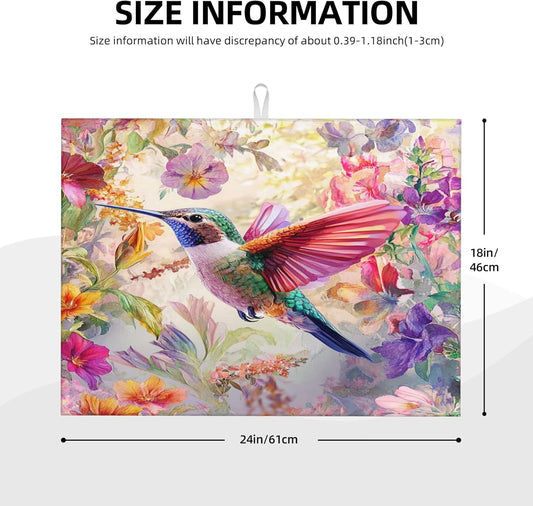 Hummingbird Dish Drying Mat for Kitchen Counter Microfiber Super Absorbent Non-Slip Dish Drying Pad for Countertops Dishes Utensils Stylish Quick-Dry Machine Washable 18x24 Inch