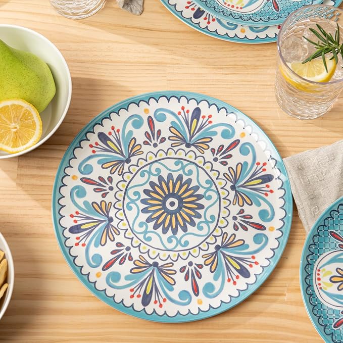 Bzyoo 12-Piece Melamine Dinnerware Set - Madallion | Lightweight, Durable, BPA-Free | Dishwasher Safe Dish Set for Indoor & Outdoor Use - Perfect for Camping, BBQs, Kids Parties