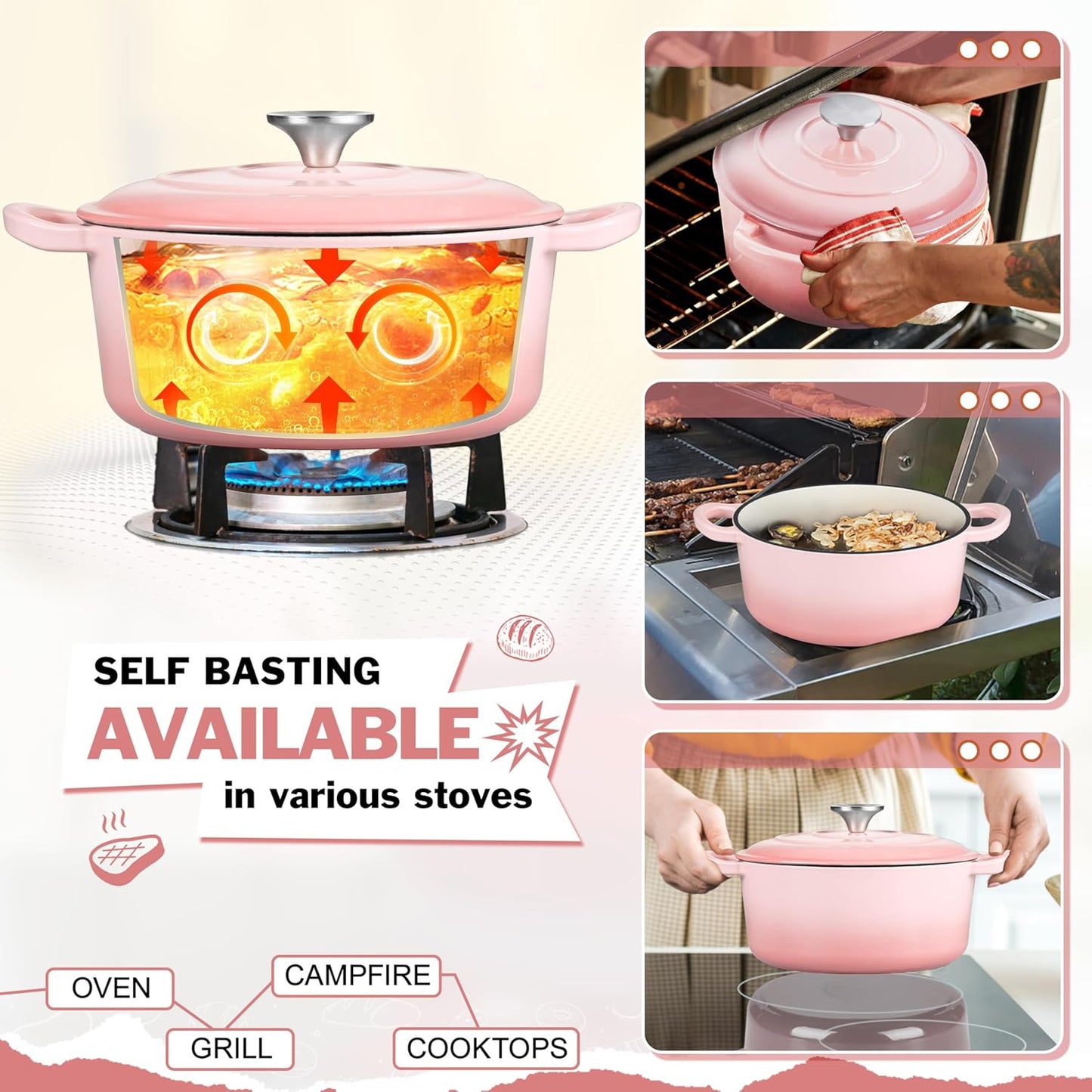 Small 3 Quart Dutch Oven, HaSteeL Round Cast Iron Cooking Pot with Lid, Nonstick Enameled Cookware for Sourdough Bread Baking Roasting Stewing Braising Frying, Heavy Duty & Oven Safe 500℉, Pink