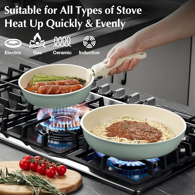 Ceramic Pots and Pans Set Non Stick Green, 8 Pcs Nonstick Cookware Set with Detachable Handle RV Camping Induction Kitchen Cookware Set Non Stick, PFAS PFOA & PTFE Free