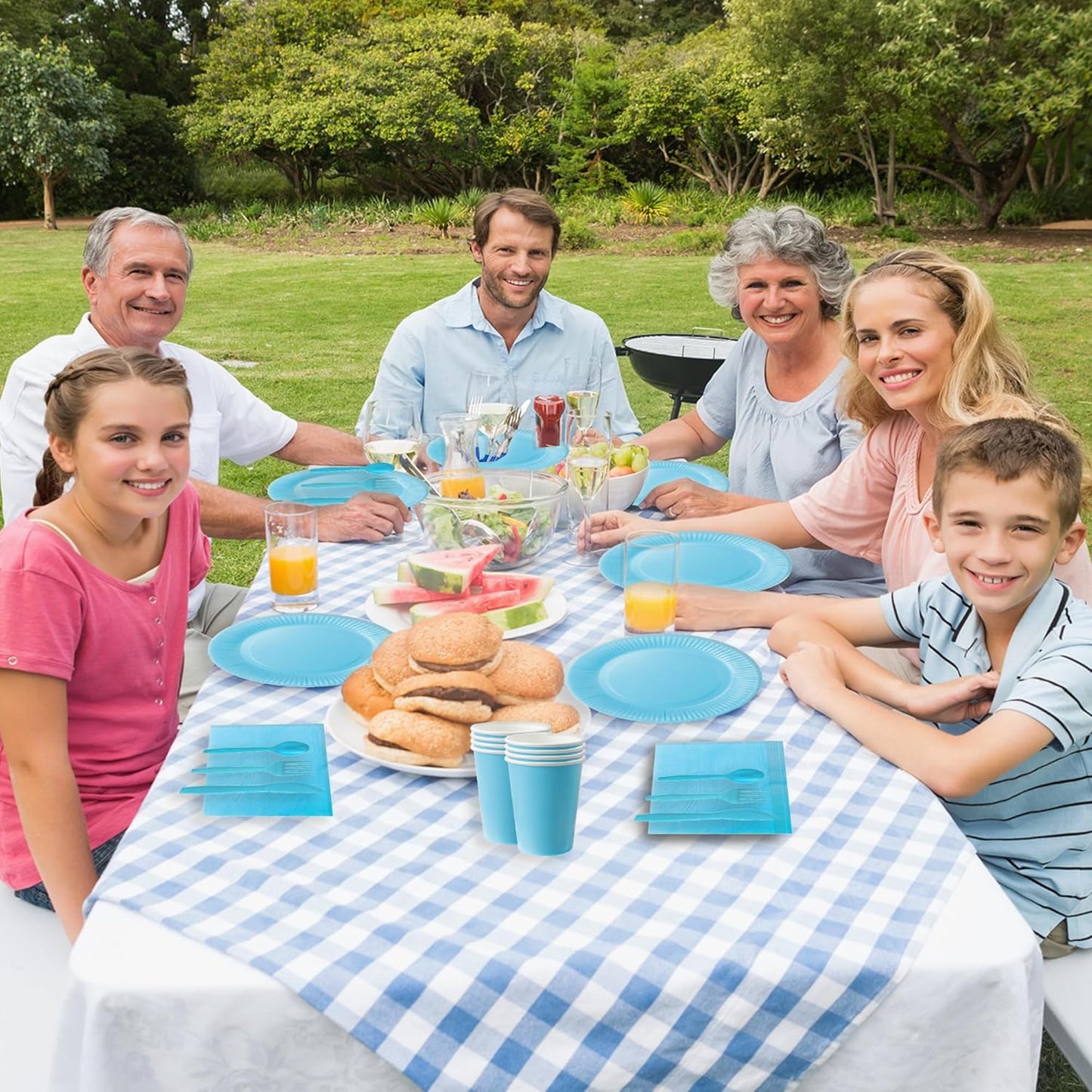 210pcs Thanksgiving Light Blue Paper Plates Disposable Tableware Party Supplies- Includes 9" Dinner Plates, 7" Dessert Plates, 9oz Paper Cups, Napkins, Plastic Forks