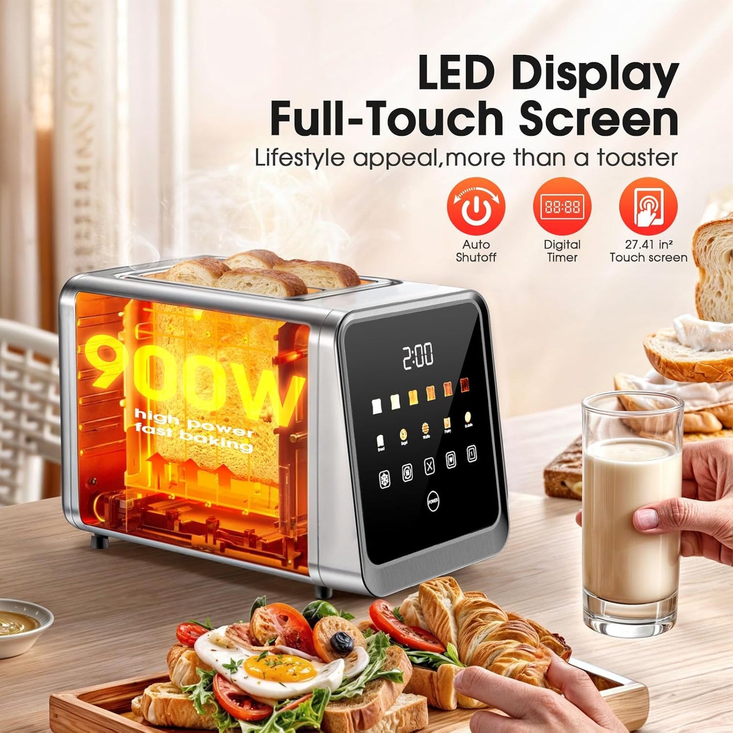 Touch Screen Toaster 2-Slice with 1.5" Wide Slots & Memory Recall | 900W Stainless Steel Smart Digital Toasters | 6 Shade Settings for Bagels & Thick Bread