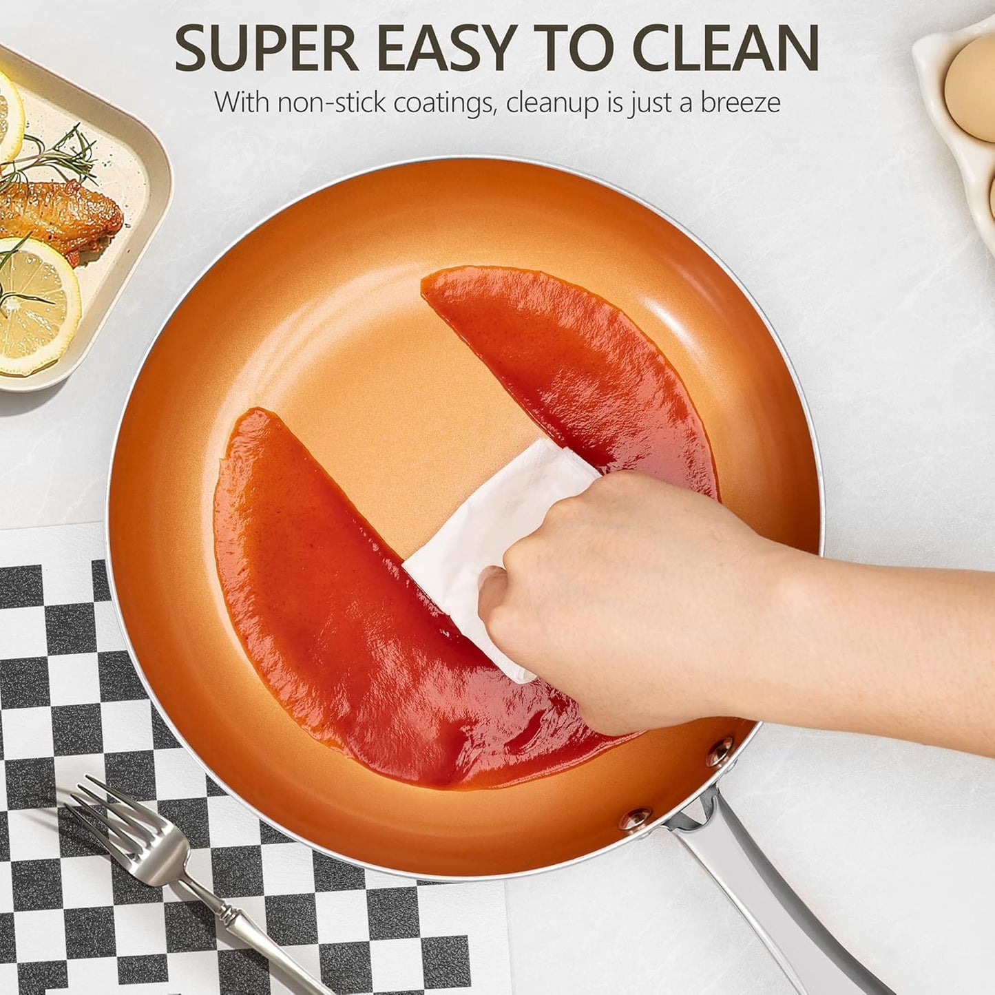 MICHELANGELO Copper Frying Pan Set with Lid, 8" & 10" Nonstick Skillets with Lids, Non Stick Frying Pans Set, Ceramic Non Toxic Fry Pans, Induction Compatible