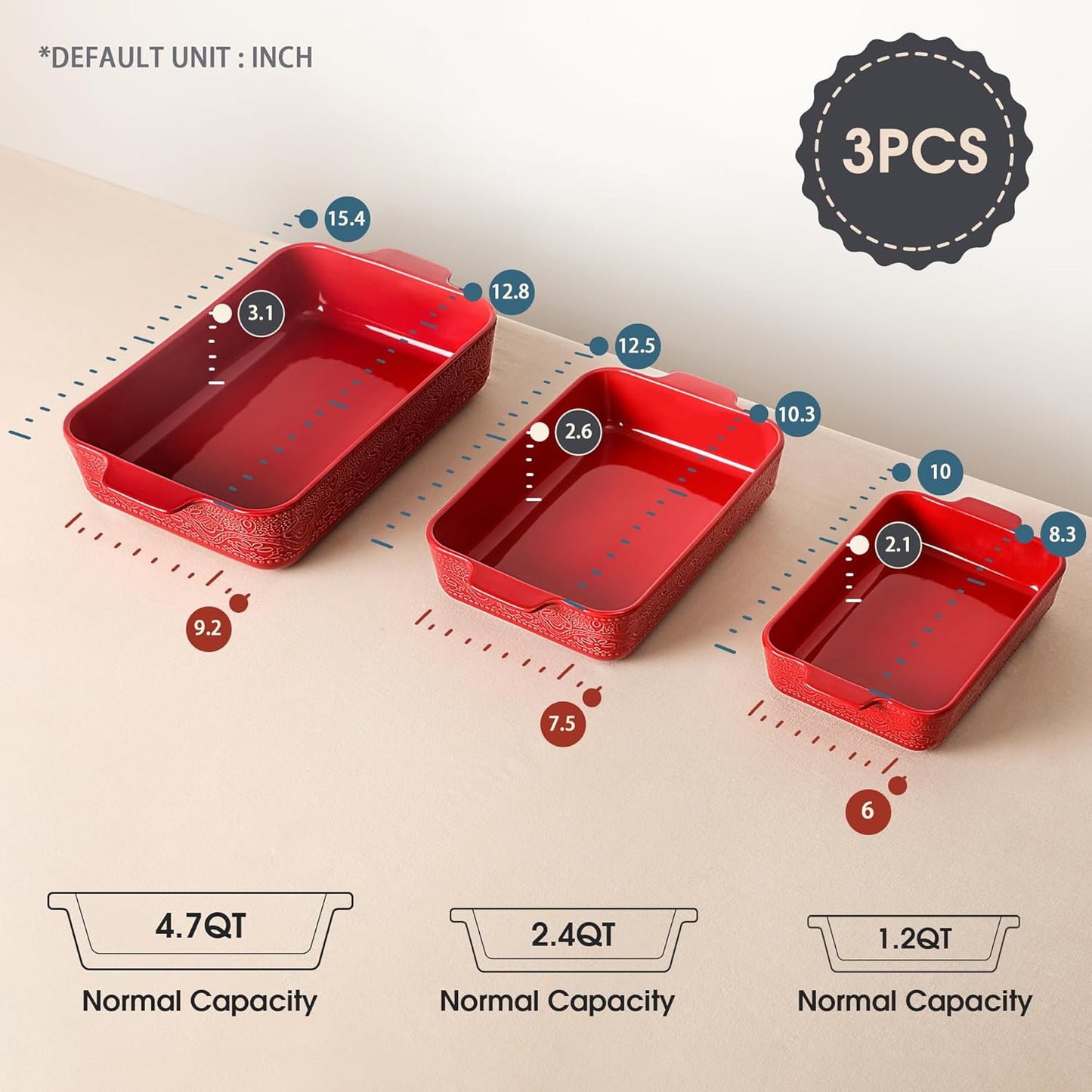 Ceramic Baking Dish Set of 3, Casserole Dishes for Oven, Ideal for Baking, Stewing, Roasting, and Holiday Feasts. The Gift for Mother's Day, Thanksgiving, Christmas, or Housewarming(Christmas Red）