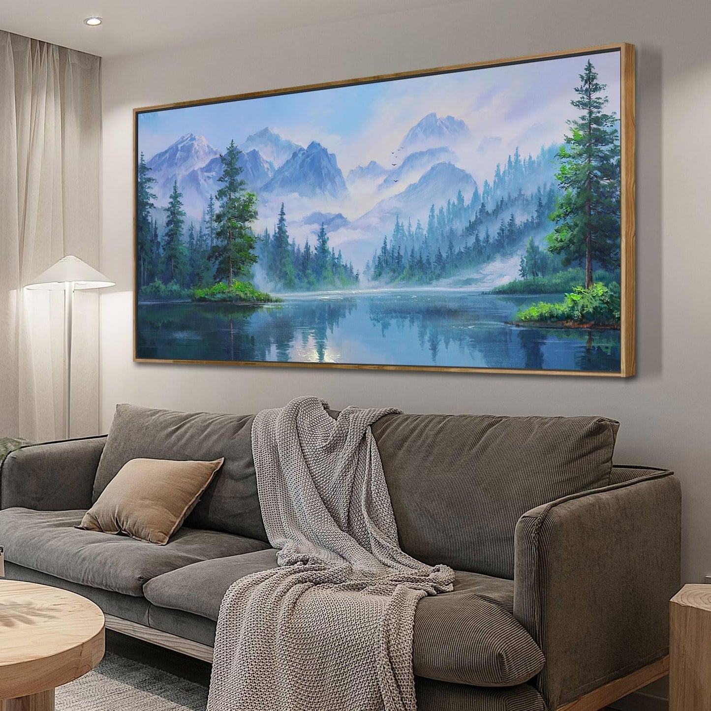 Ardemy Extra Large Landscape Canvas Wall Art for Living Room Framed Lake Teal Pictures Bedroom Wall Decor Textured Misty Forest Scenery Paintings Artwork for Walls Home Office, 58"x29"