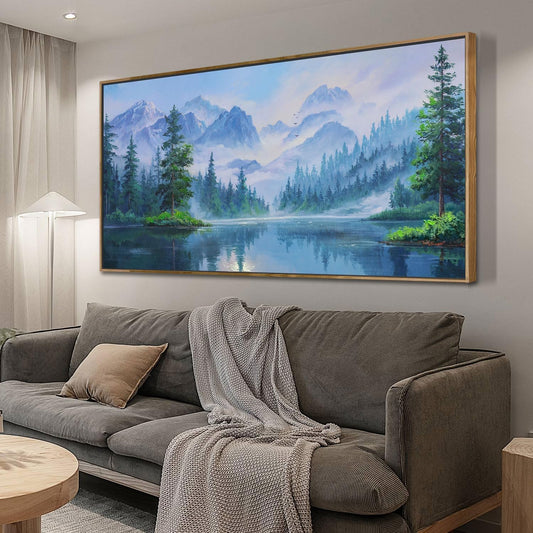 Ardemy Extra Large Landscape Canvas Wall Art for Living Room Framed Lake Teal Pictures Bedroom Wall Decor Textured Misty Forest Scenery Paintings Artwork for Walls Home Office, 58"x29"