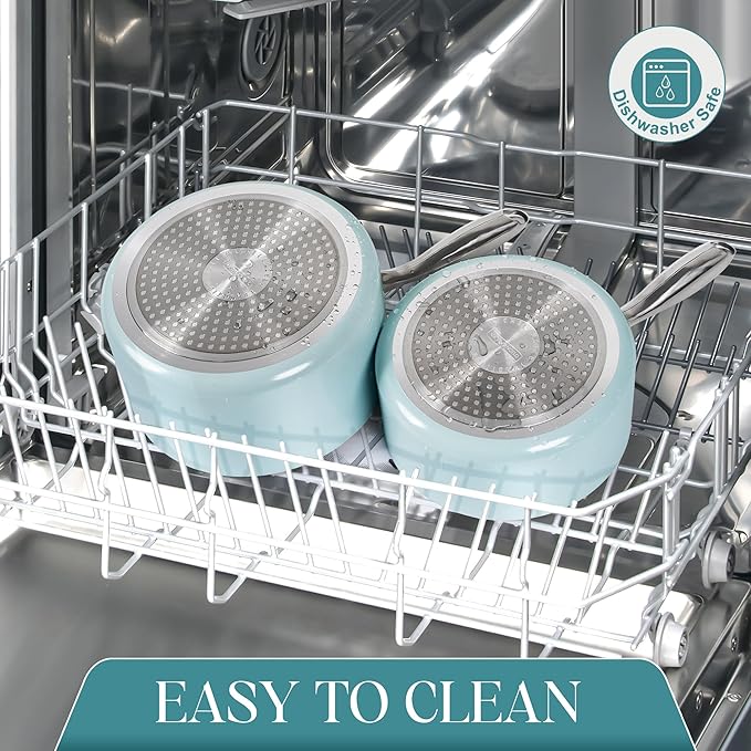 MICHELANGELO 3 Quart Saucepan with Lid - Non Toxic Sauce Pan with Nonstick Ceramic Coating, Scratch-Resistant, Induction Saucepan Suitable for All Stovetops, Light Blue