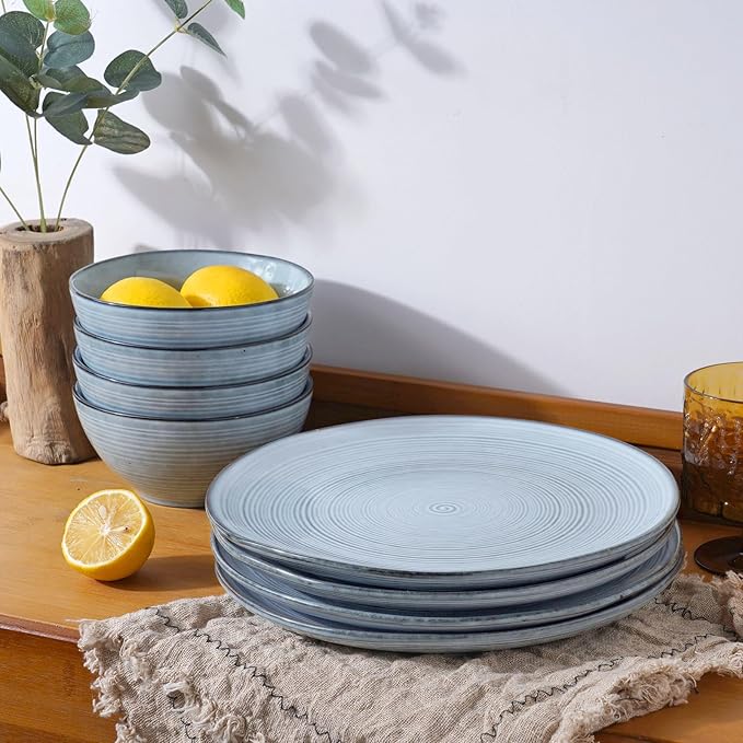 Famiware Tempus Plates and Bowls Sets for 6, 18 Pieces Stoneware Dinnerware Sets, Reactive Glaze Dishes Set, Dishwasher & Microwave Safe - Pearl Blue