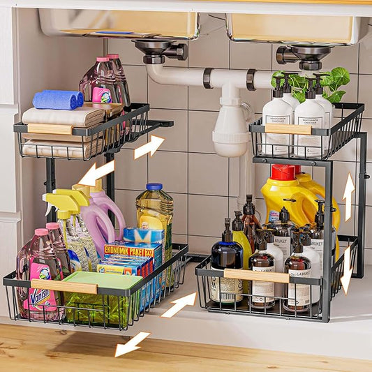 Under Sink Organizer and Storage, 2 Pack Slide Out Under Cabinet Storage Pull Out Sink Shelf Cabinet Storage Shelves, Undersink Organizers for Kitchen Bathroom Cabinet