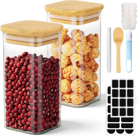 Square Glass Storage Jars, 2 Pack 10 Fl.oz Glass Containers with Bamboo Lids, Wide Mouth Spice Canister with Airtight Lids for Sugar Coffee Tea Candy Cookies - Included Labels, Spoon and Marker