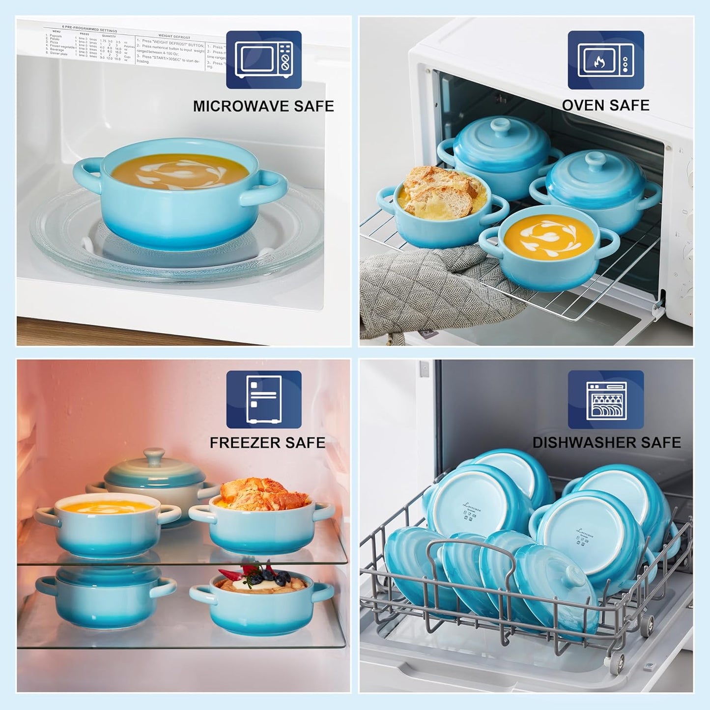 LOVECASA Mini Cocotte Set, 12 OZ Small Casserole Dishes with Lids, Soup Bowls With Handles, Individual Ramekins, Oven, Microwave & Dishwasher Safe, Set of 4, Blue