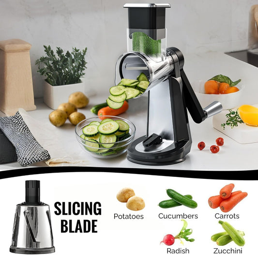 Joined Stainless Steel Rotary Cheese Grater with Elevated Stand and 5 Qt Mixing Bowl - Mandoline Slicer with 3 Stainless Steel Drum Blades-Cheese Shredder Round Mandoline & Food Chopper with Peeler
