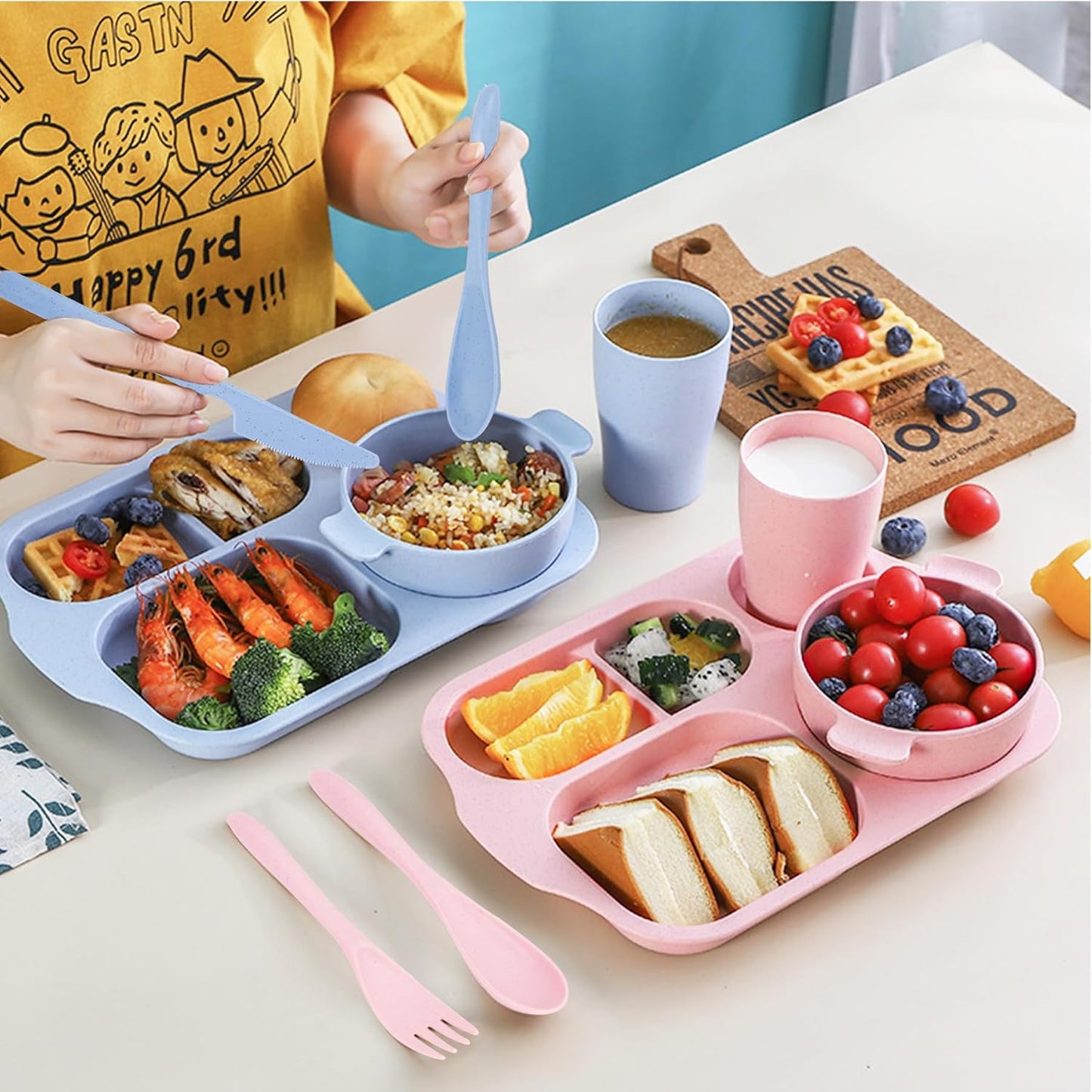 Unbreakable Dinnerware Sets for 4 People,24pcs Divided Plates and Bowls, Reusable Dinnerware Plastic Plates, Cups, Bowls, Cutlery Set for School Party, Camping, Home, Office