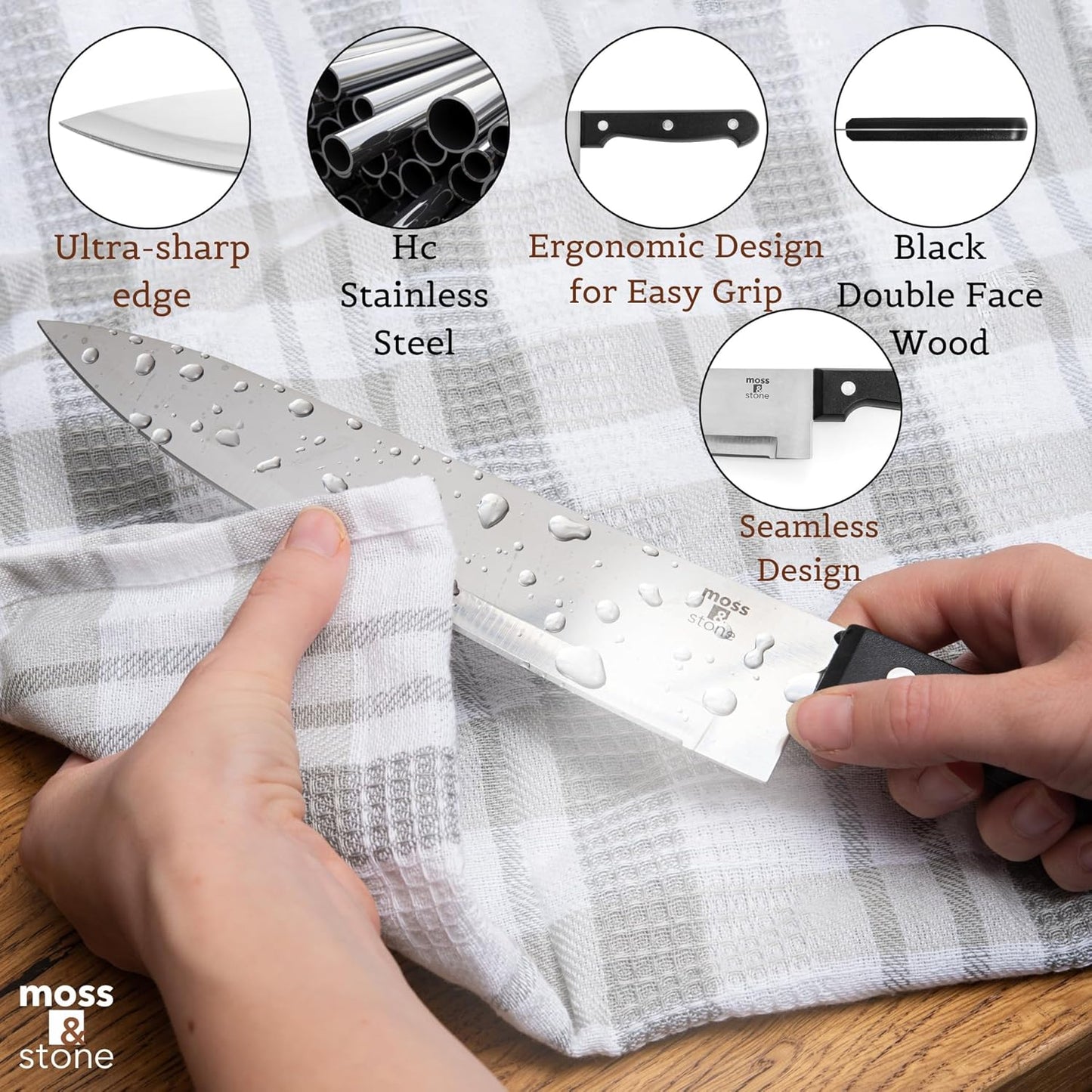 Moss & Stone 7-Piece Kitchen Knife Set with Block – Stainless Steel Serrated Kitchen Knives, High Carbon Blades, Small Cutlery Set for Home Cooking, Compact Countertop Small Knife Set Wood Block