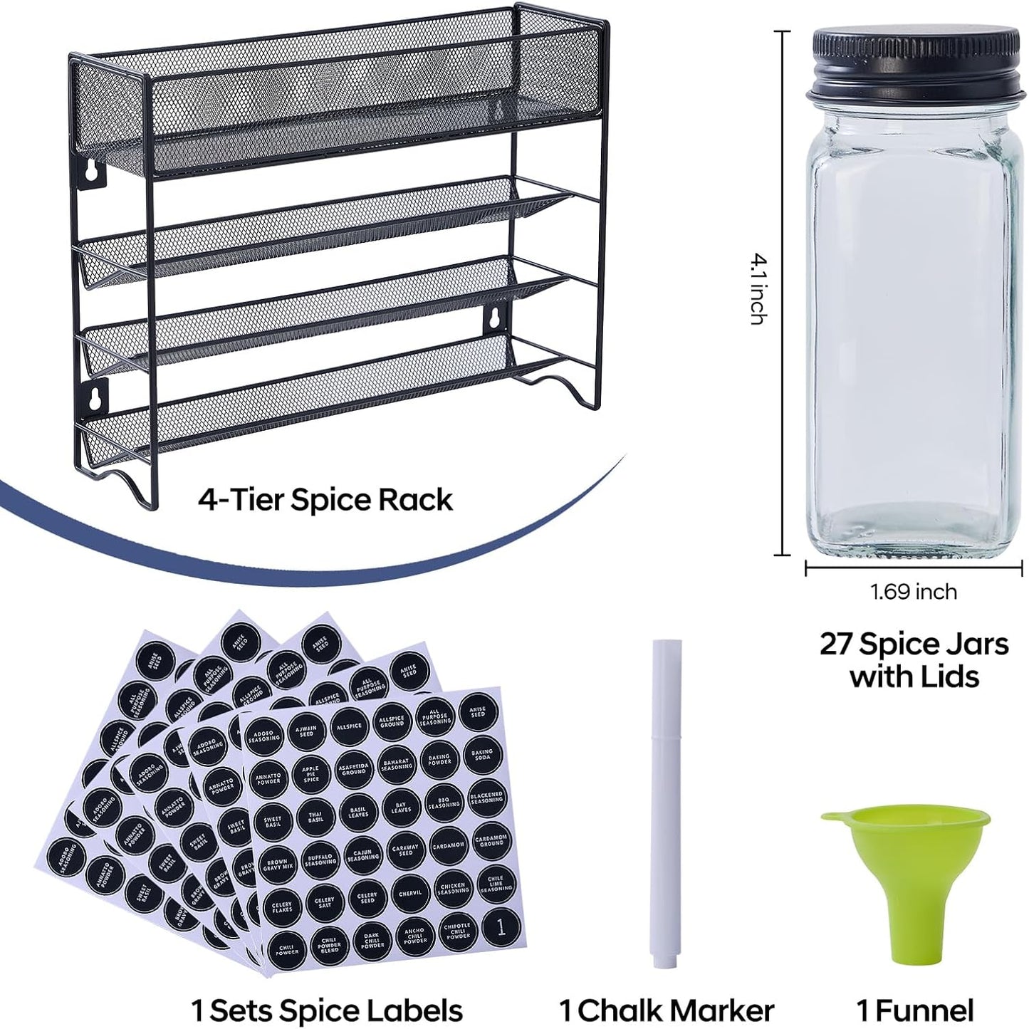 Spice Rack Organizer with 27 Spice Jars with Black Lids, Funnel, Spice Labels, Pen, Seasoning Organizer for Cabinet, Countertop, Pantry, Kitchen,Cupboard or Door & Wall Mount