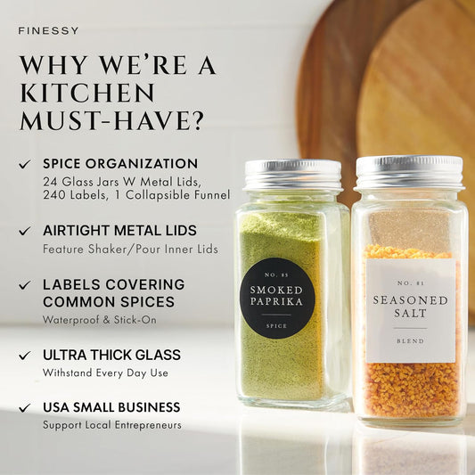 FINESSY Glass Spice Jars with Labels with Metal Lids and Shakers 24 Pack Set, 4oz Small Empty Air Tight Spice Containers with Labels, Clear Seasoning Containers Herb Bottles Kitchen Storage Organizer