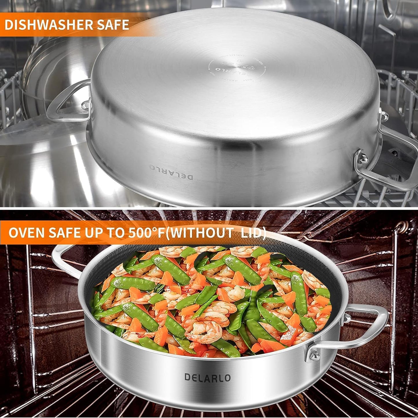 DELARLO Tri-Ply Stainless Steel 10 Inch Deep Frying Pan 3QT Saute Pan With Lid, Induction Compatible Chef Cooking Pan with lid, Dishwasher & Oven Safe