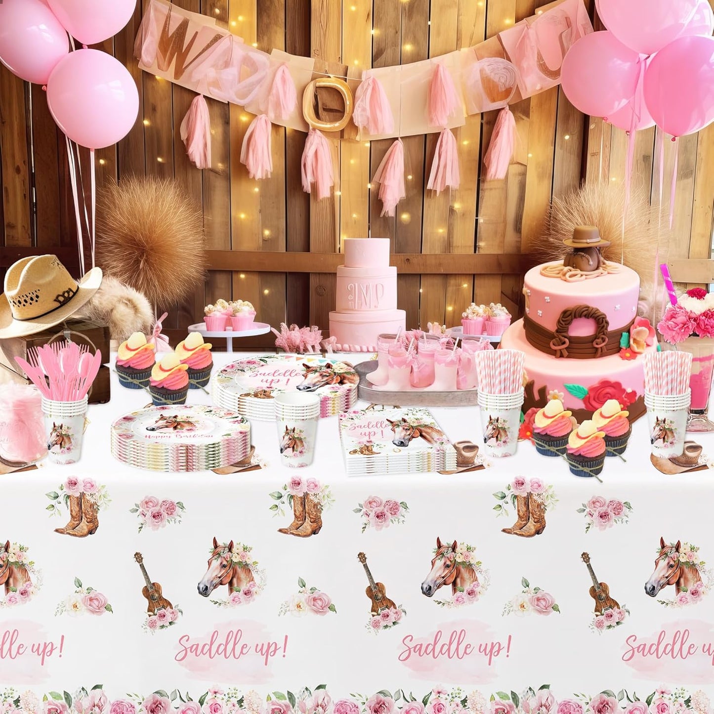Cowgirl Party Decorations Tableware - Western Horse Birthday Party Supplies For Girl, Plate, Napkin, Fork, Tablecloth, Wild West Cowgirl Birthday Baby Shower Decorations Dinnerware | Serve 24